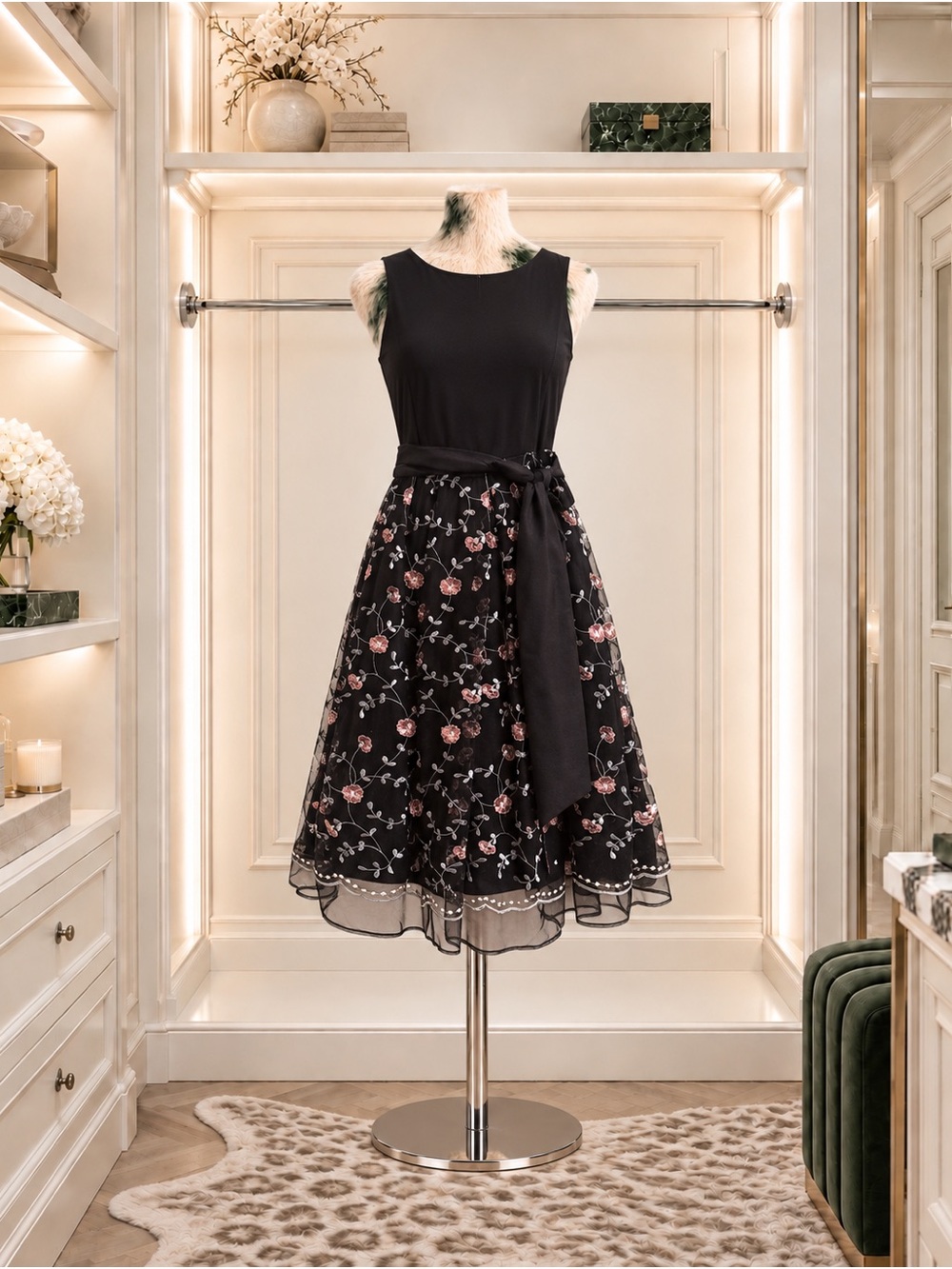 Leslie Fay Black Sleeveless Midi Dress with Pink Floral Mesh Skirt